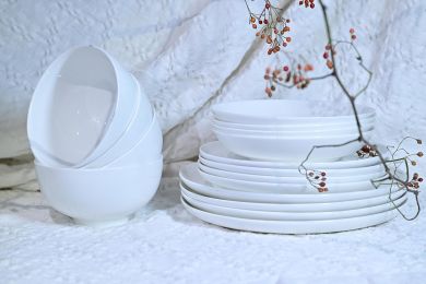 Lily Bone China Dinnerware Set, 16 Pieces, Service For 4, White Plates, Dishes, Bowls Set, Microwave And Dishwasher Safe