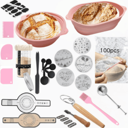 142pcs Sourdough Bread Baking Supplies for Fermentation Basket,,Foldable Silicone Bread Fermentation Basket, [10" Oval + 9" Round]