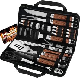 POLIGO 29 PCS BBQ Grill Accessories Stainless Steel BBQ Tools Grilling Tools Set With Storage Bag For Fathers Day Dads Birthday Presents - Camping Gri (Color: Brown)