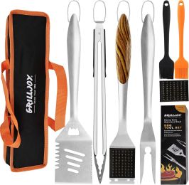 Grilljoy 8PCS Heavy Duty BBQ Grill Tools Set With Extra Thick Stainless Steel Spatula, Fork, Tongs & Cleaning Brush - Complete Barbecue Accessories Ki (Option: Orange-Premium Stainless Steel)