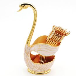 1pc Coffee Dessert Spoons Set; Swan Base Holder Coffee Spoons Set With 6 Forks Spoons Creative Metal Coffee Dessert Spoon Set For Coffee Dessert (Items: Spoon, Color: golden)