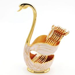 1pc Coffee Dessert Spoons Set; Swan Base Holder Coffee Spoons Set With 6 Forks Spoons Creative Metal Coffee Dessert Spoon Set For Coffee Dessert (Items: Fork, Color: golden)